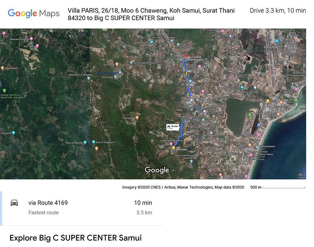 Course and distance of 3,3 Km between Big C super Market and Villa PARIS on Chaweng